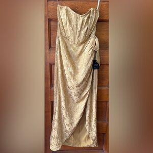 Lulus Adoring Praise Gold Satin Jacquard Strapless Bustier Midi Dress
